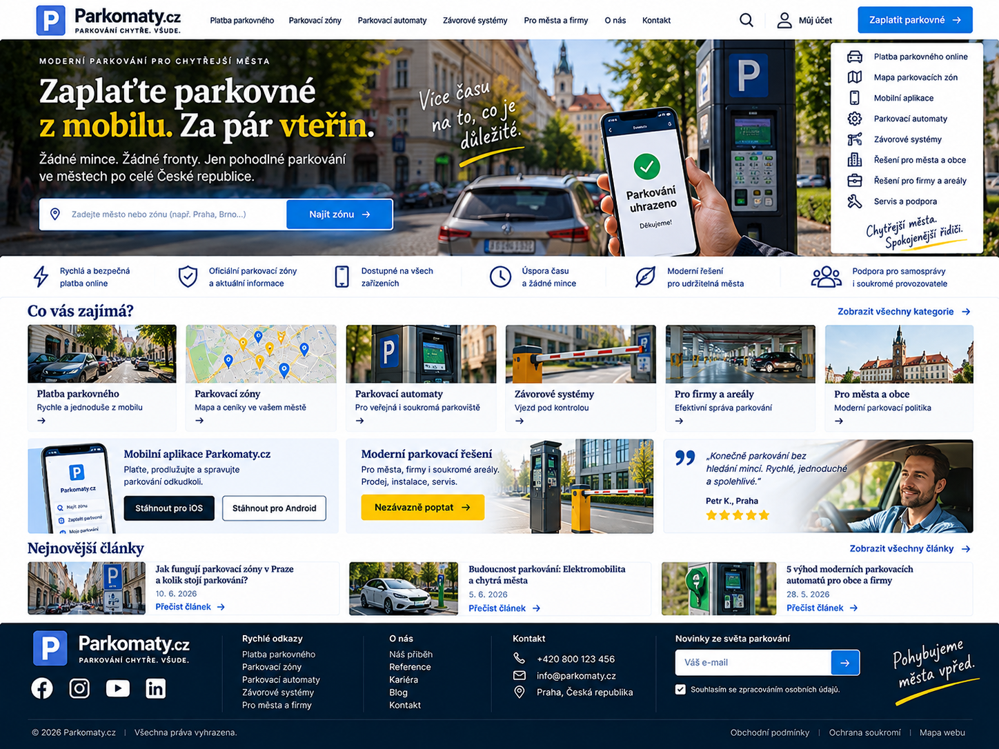 Ilustrační návrh parkovací platformy v modré, žluté a bílé barvě